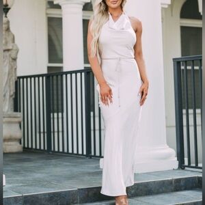 These Three Boutique satin cream halter tie long formal dress